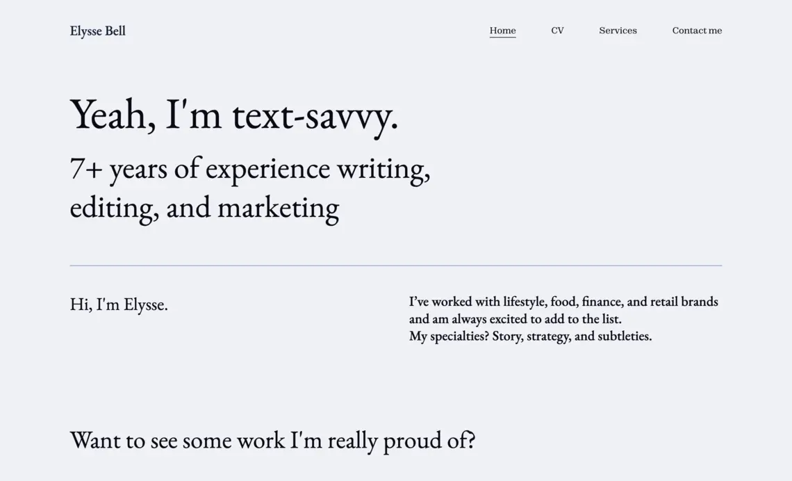 The portfolio website of Elysse Bell, copywriter, editor and marketer.