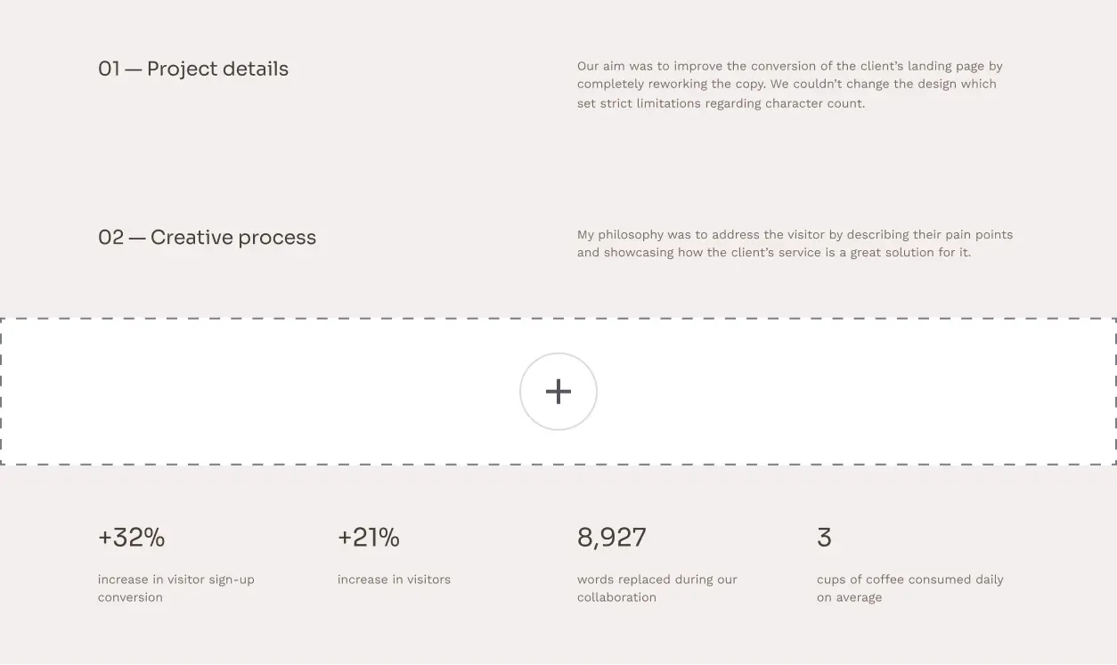 A case study page in Copyfolio, which comes with pre-filled sections helping you write a case study, such as sections about project details, the creative process, results, and statistics on how the work performed.