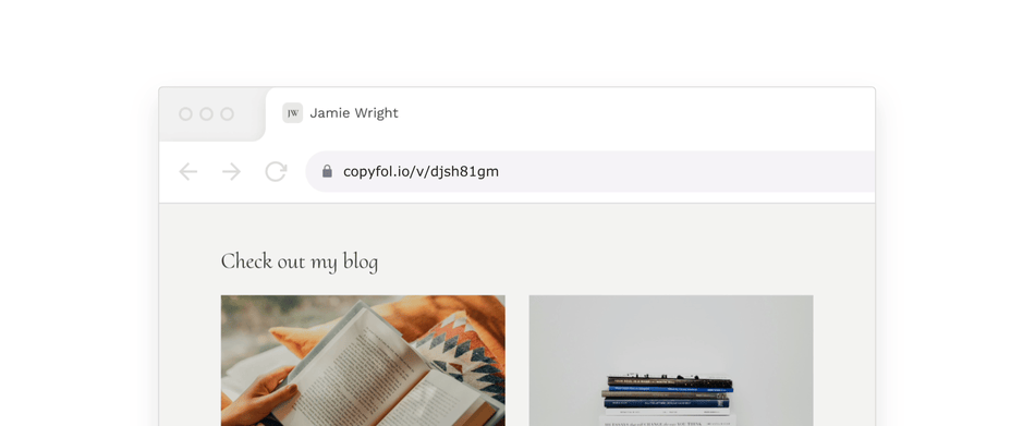 A blog built in Copyfolio, displayed in a browser window. The Copyfolio URL disappears, then a custom domain appears, indicating that users can easily buy or connect a custom domain for their Copyfolio site.
