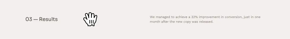 A case study page in Copyfolio, which comes with pre-filled sections helping you write a case study, such as sections about project details, the creative process, results, and statistics on how the work performed.